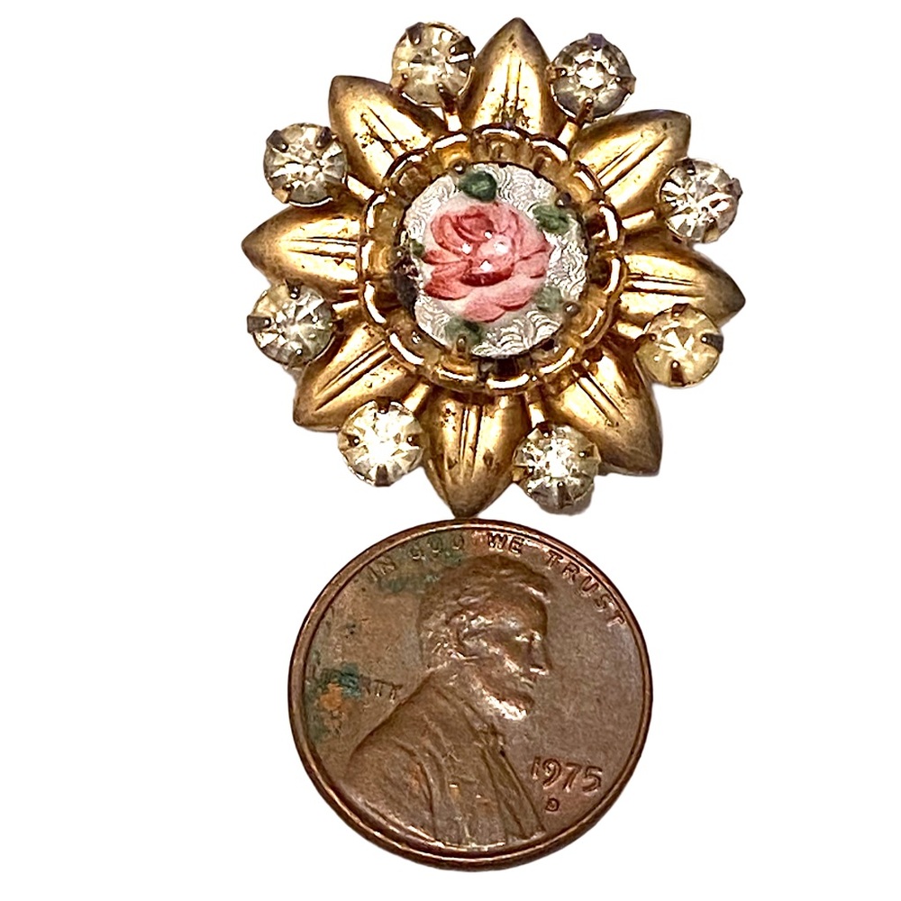Vintage Rose Guilloche Enamel Brooch Gold - Picture 2 of 4